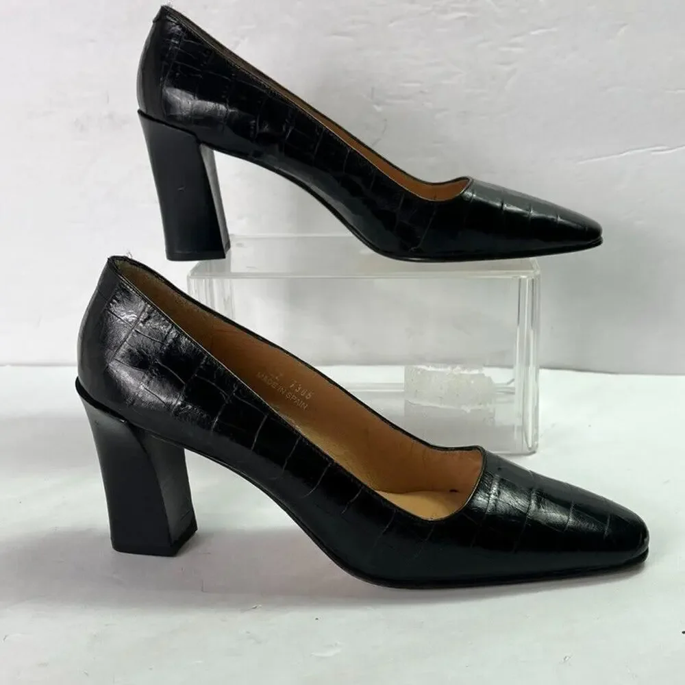 Ralph Lauren Pumps Womens 7AA Black Croc Print High Heel Square Toe Spain Made